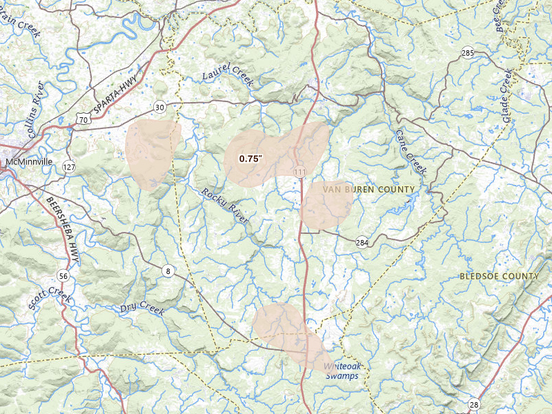 Radar-estimated hail-size map of the storm over Spencer, TN on Aug 7, 2026