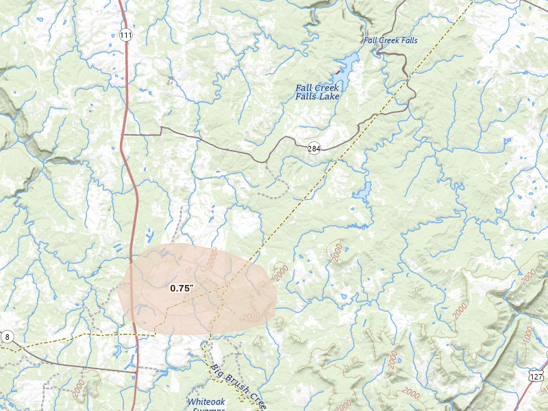 Radar-estimated hail-size map of the storm over Spencer, TN on Aug 17, 2026
