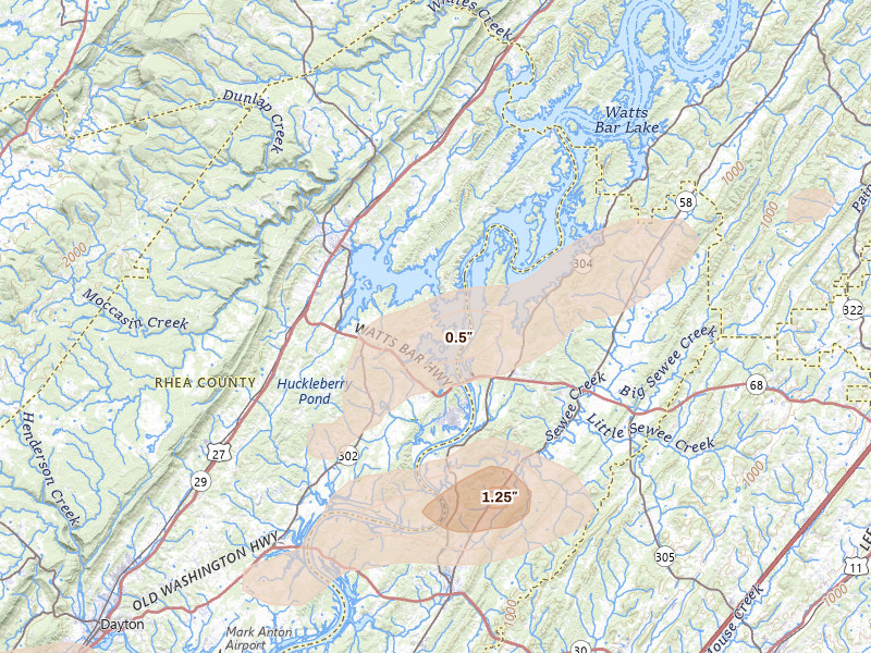 Radar-estimated hail-size map of the storm over Spring City, TN on Aug 20, 2026