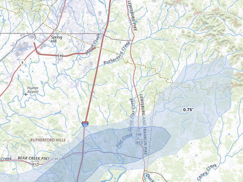 NEXRAD radar-signature map of the hail over Spring Hill, TN