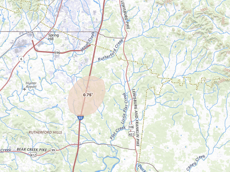 Radar-estimated hail-size map of the storm over Spring Hill, TN on Jul 1, 2026