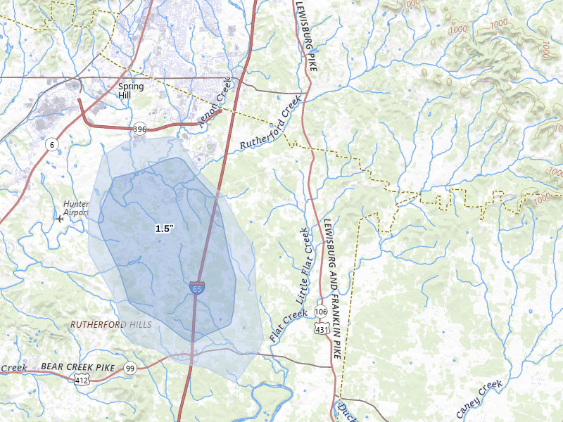 NEXRAD radar-signature map of the hail storm over Spring Hill, TN on Jul 1, 2026