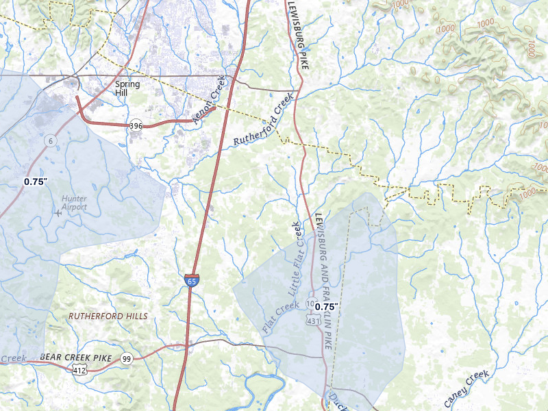 NEXRAD radar-signature map of the hail storm over Spring Hill, TN on Jul 3, 2026