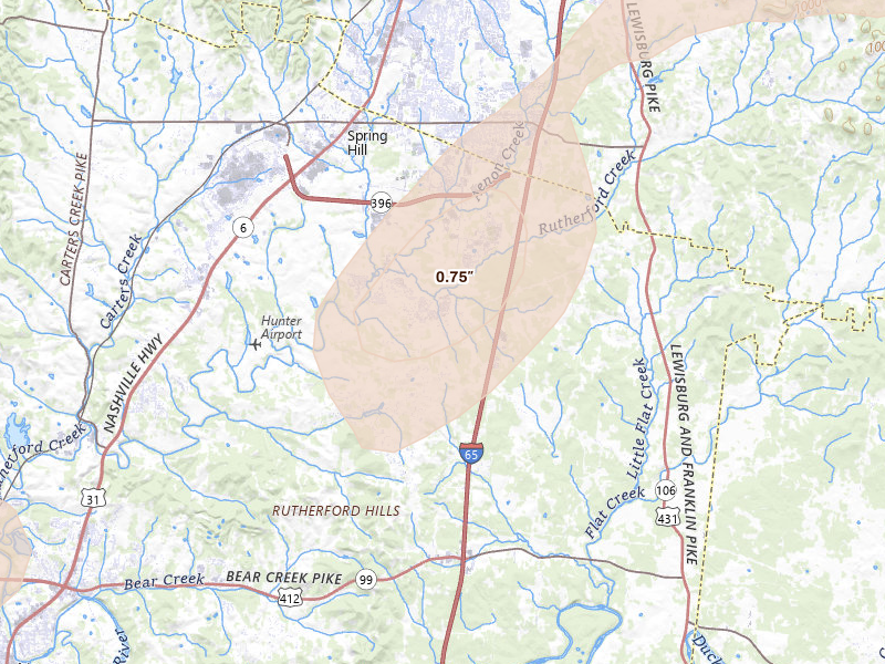 Radar-estimated hail-size map of the storm over Spring Hill, TN on Aug 7, 2026