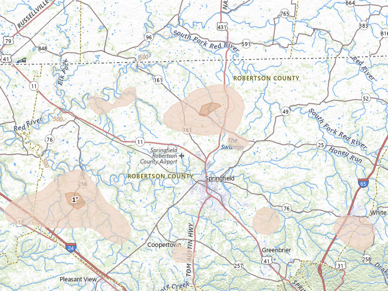 Radar-estimated hail-size map of the storm over Springfield, TN on Jun 9, 2026