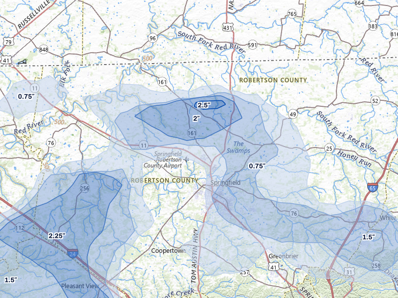 NEXRAD radar-signature map of the hail storm over Springfield, TN on Jun 9, 2026