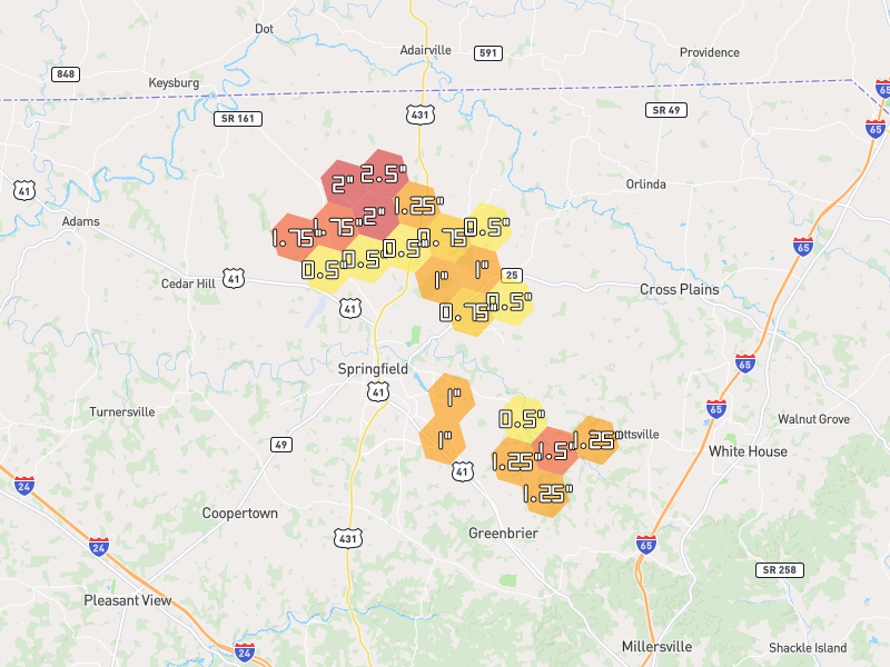 Hail map of Springfield, TN on Jun 9, 2026, hail up to 2.5"