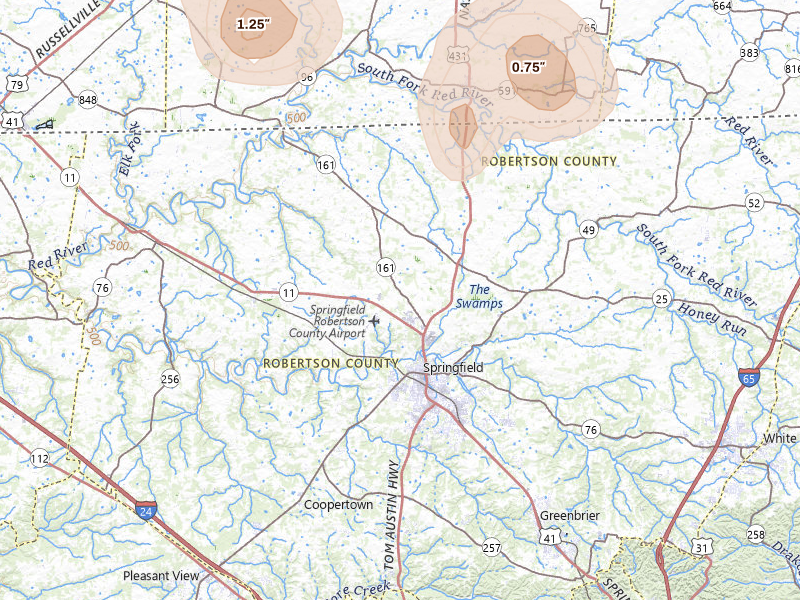 Radar-estimated hail-size map of the storm over Springfield, TN on Jul 3, 2026