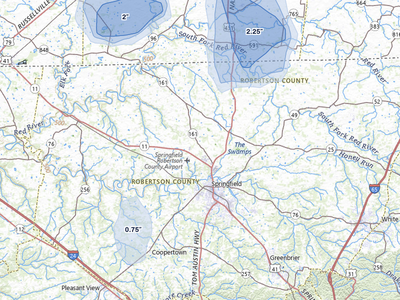 NEXRAD radar-signature map of the hail storm over Springfield, TN on Jul 3, 2026
