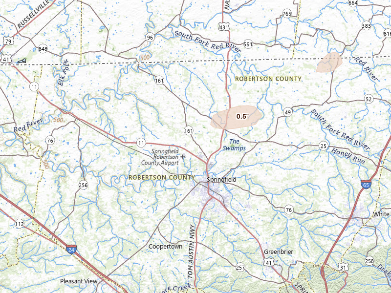 Radar-estimated hail-size map of the storm over Springfield, TN on Jul 11, 2026