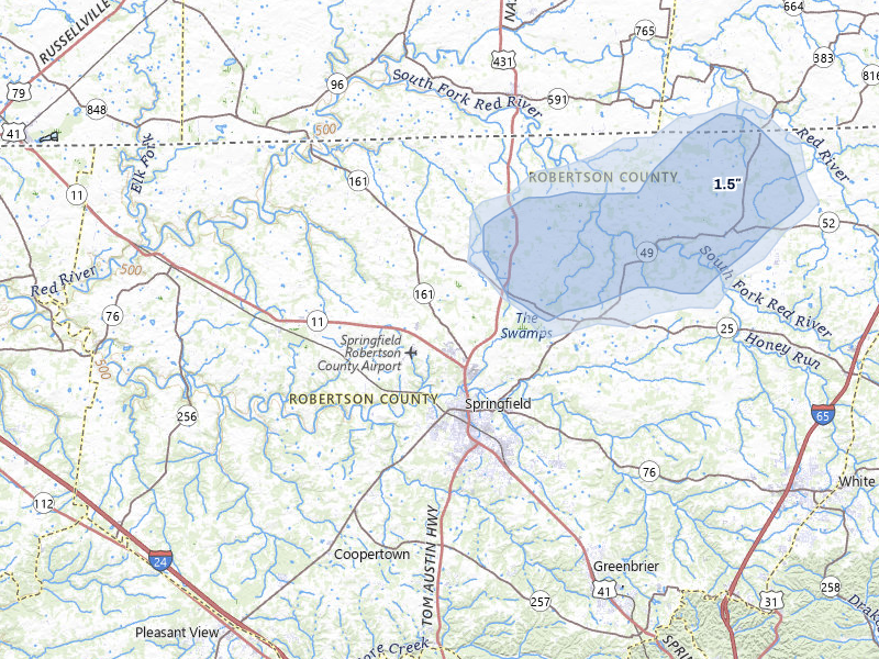 NEXRAD radar-signature map of the hail storm over Springfield, TN on Jul 11, 2026