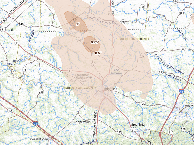 Radar-estimated hail-size map of the storm over Springfield, TN on Jul 21, 2026