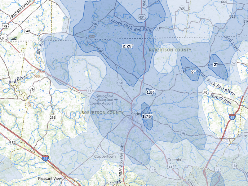 NEXRAD radar-signature map of the hail over Springfield, TN
