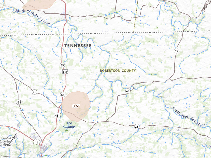Radar-estimated hail-size map of the storm over Springfield, TN on Aug 8, 2026