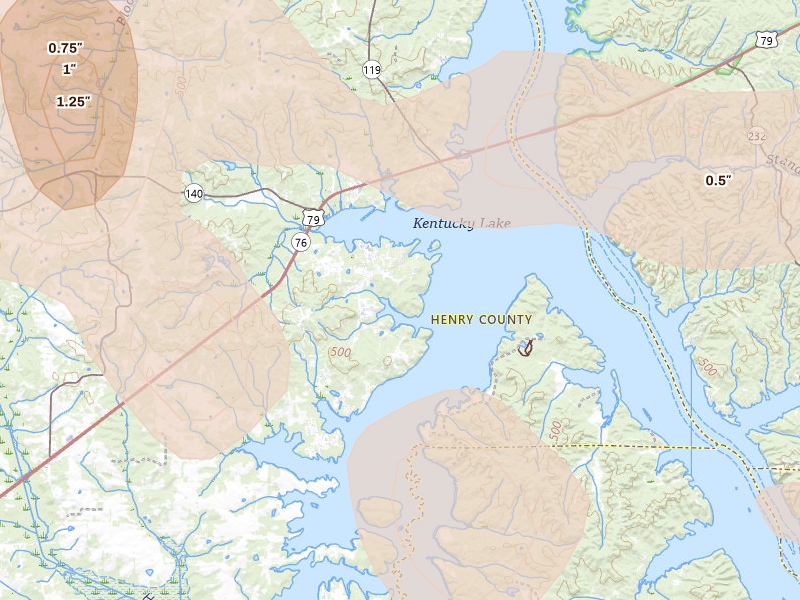 Radar-estimated hail-size map of the storm over Springville, TN on Jul 2, 2026
