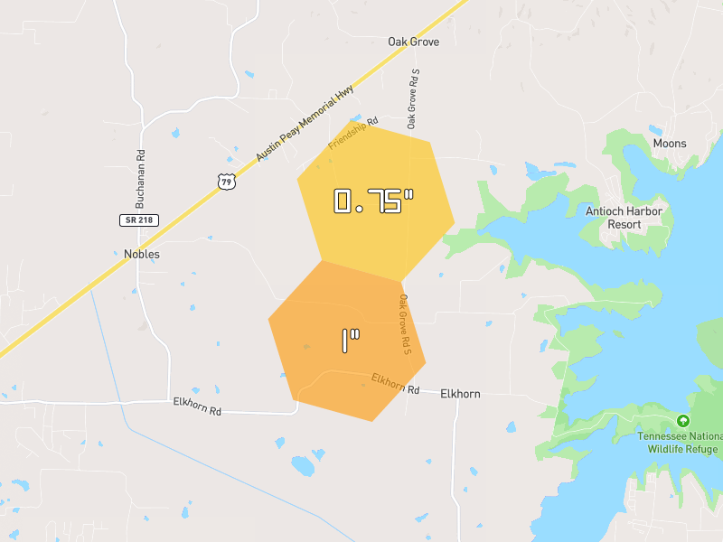 Hail map of Springville, TN on Jul 3, 2026, hail up to 1"