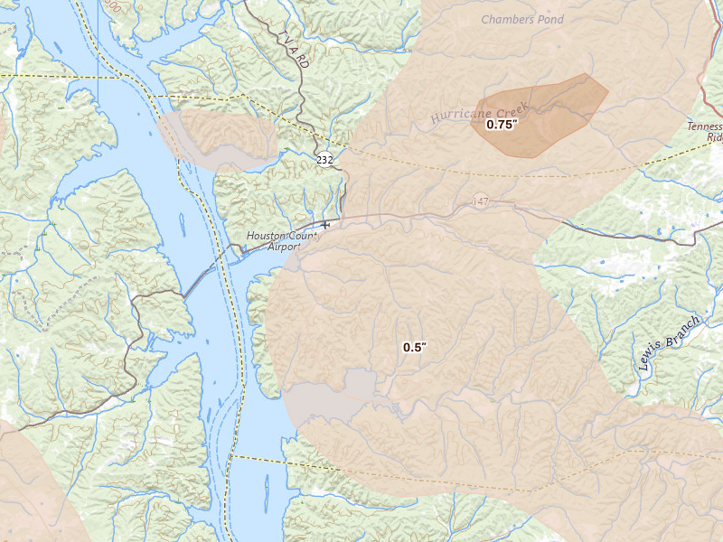 Radar-estimated hail-size map of the storm over Stewart, TN on Jul 2, 2026