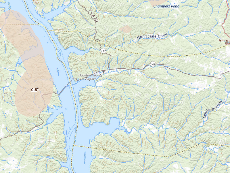 Radar-estimated hail-size map of the storm over Stewart, TN on Jul 5, 2026