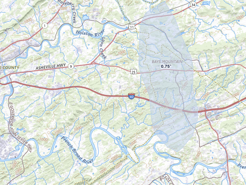 NEXRAD radar-signature map of the hail storm over Strawberry Plains, TN on Mar 21, 2026