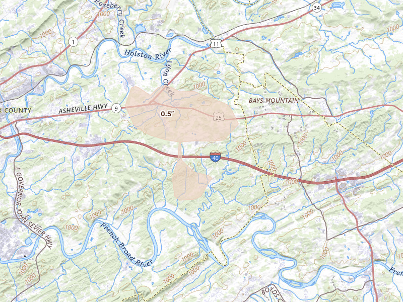 Radar-estimated hail-size map of the storm over Strawberry Plains, TN on Jun 12, 2026