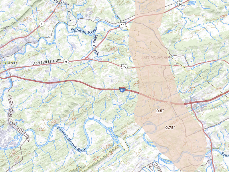 Radar-estimated hail-size map of the storm over Strawberry Plains, TN