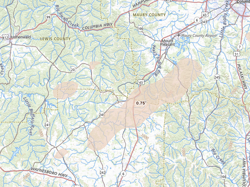 Radar-estimated hail-size map of the storm over Summertown, TN on Mar 15, 2026