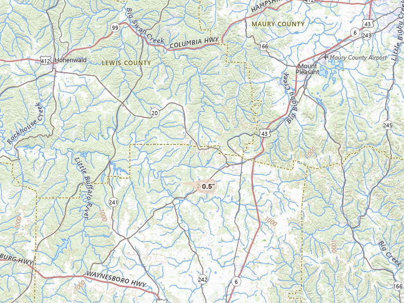 Radar-estimated hail-size map of the storm over Summertown, TN on Apr 25, 2026