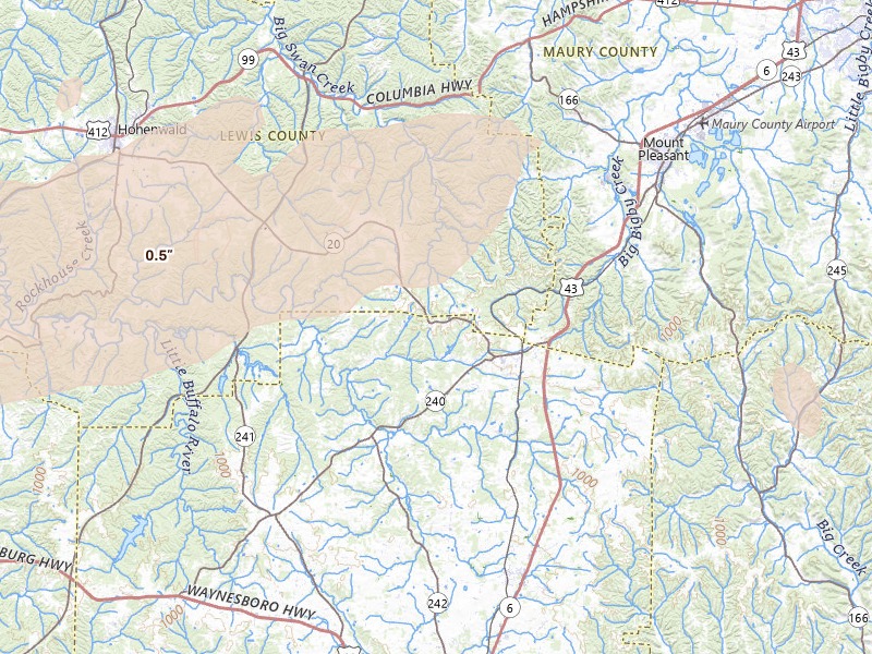 Radar-estimated hail-size map of the storm over Summertown, TN on Apr 27, 2026