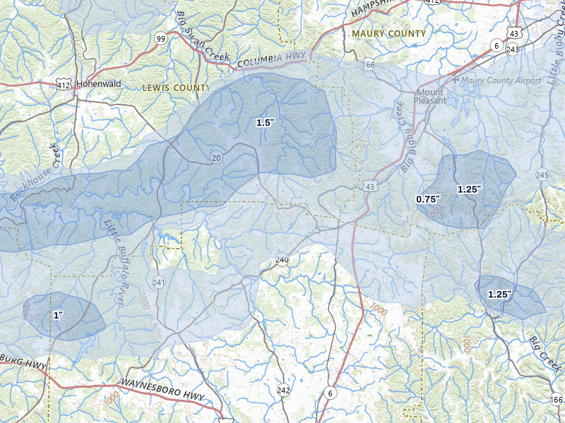 NEXRAD radar-signature map of the hail over Summertown, TN