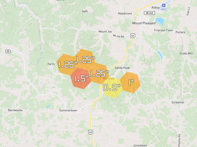 Hail map of Summertown, TN on Jul 3, 2026, hail up to 1.5"