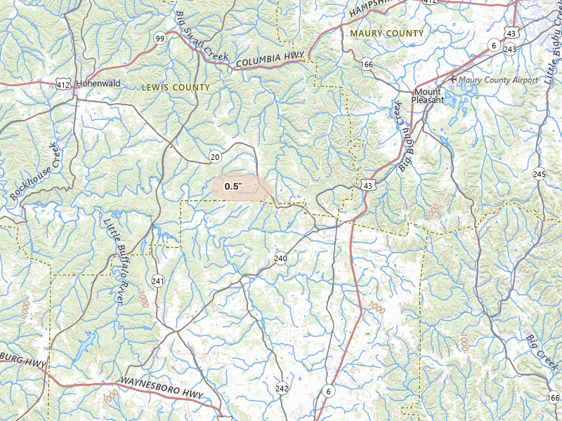 Radar-estimated hail-size map of the storm over Summertown, TN on Jul 8, 2026