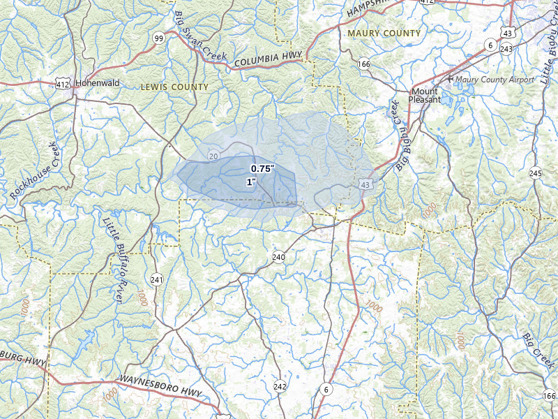 NEXRAD radar-signature map of the hail over Summertown, TN