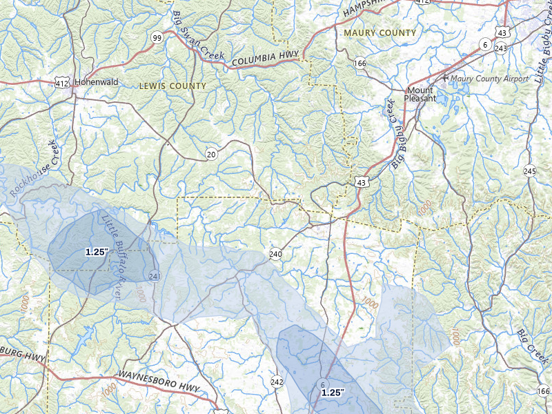 NEXRAD radar-signature map of the hail storm over Summertown, TN on Jul 9, 2026