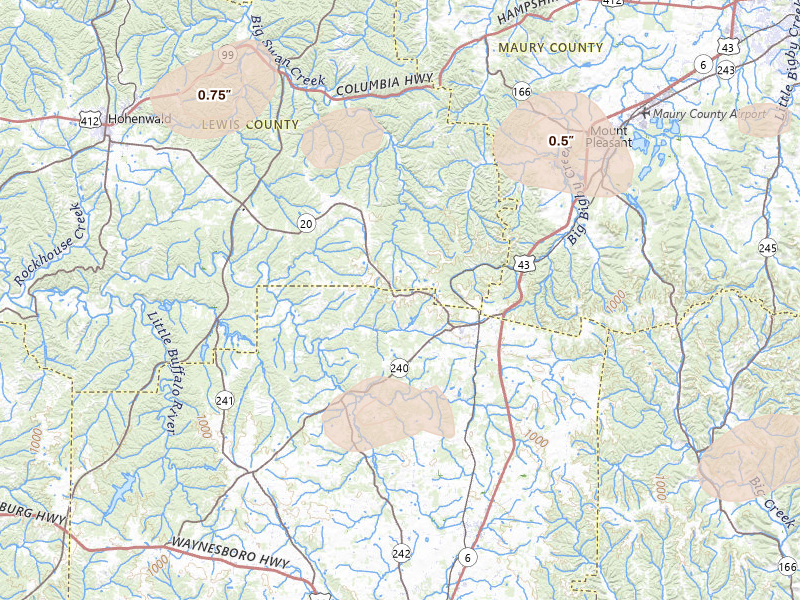Radar-estimated hail-size map of the storm over Summertown, TN on Jul 11, 2026