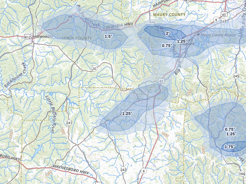 NEXRAD radar-signature map of the hail over Summertown, TN