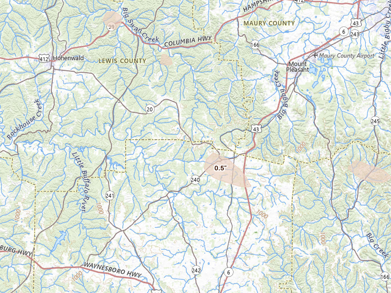 Radar-estimated hail-size map of the storm over Summertown, TN on Aug 17, 2026