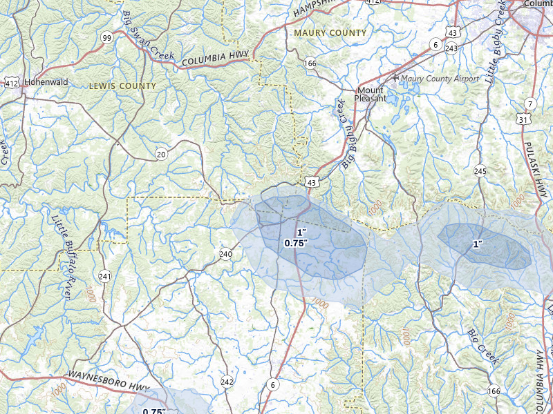 NEXRAD radar-signature map of the hail storm over Summertown, TN on Aug 17, 2026