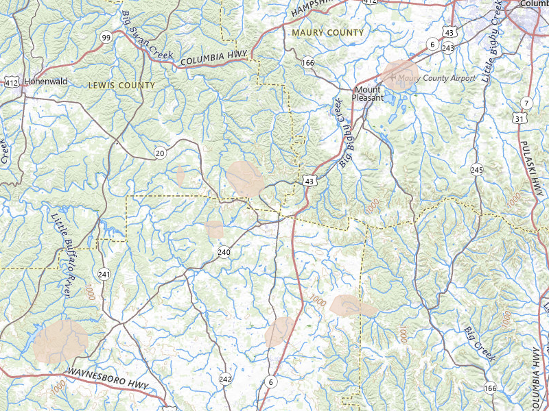 Radar-estimated hail-size map of the storm over Summertown, TN on Aug 26, 2026