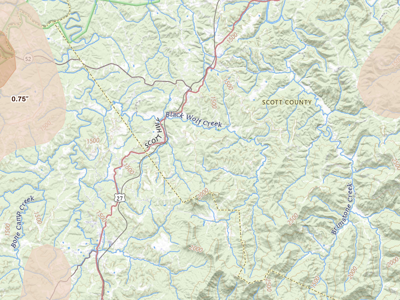 Radar-estimated hail-size map of the storm over Sunbright, TN on Jul 3, 2026