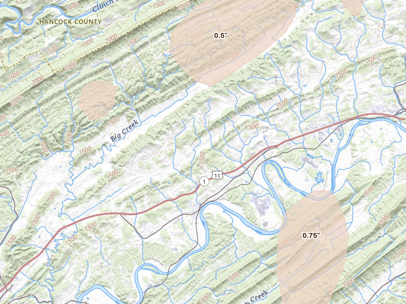 Radar-estimated hail-size map of the storm over Surgoinsville, TN on Jun 29, 2026