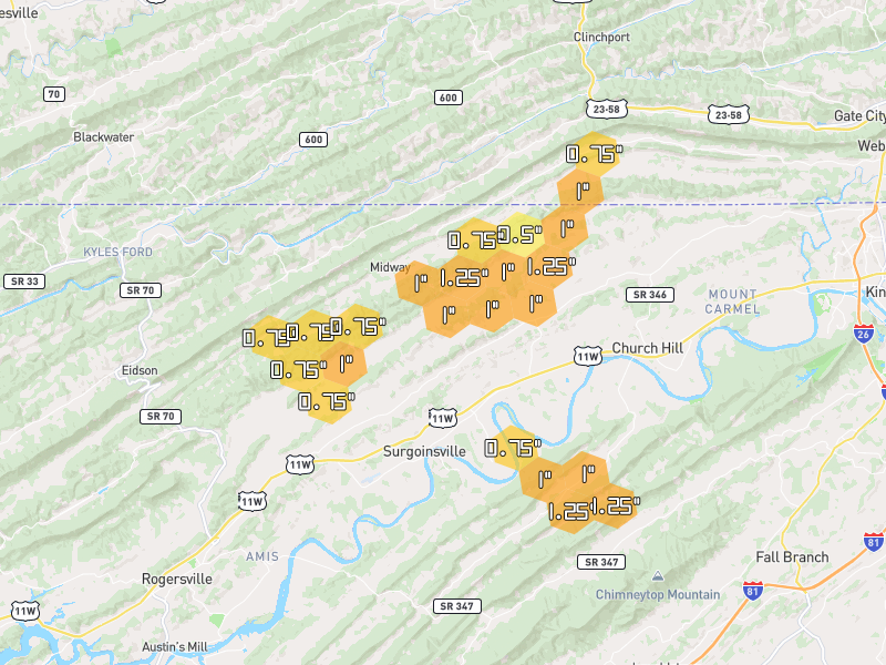 Hail map of Surgoinsville, TN on Jun 30, 2026, hail up to 1.25"