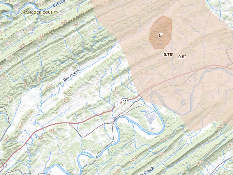 Radar-estimated hail-size map of the storm over Surgoinsville, TN on Jul 28, 2026