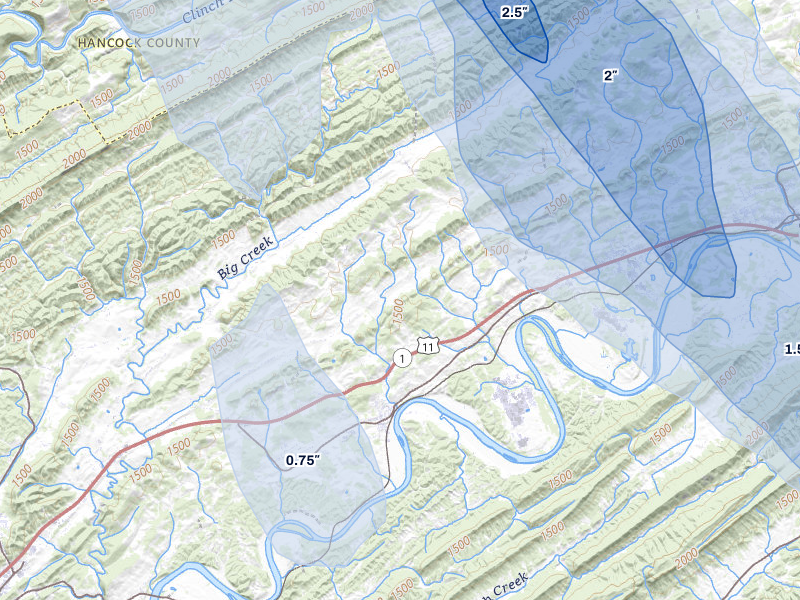 NEXRAD radar-signature map of the hail storm over Surgoinsville, TN on Jul 28, 2026