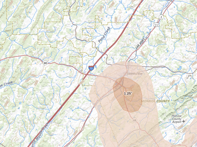 Radar-estimated hail-size map of the storm over Sweetwater, TN on Jul 3, 2026