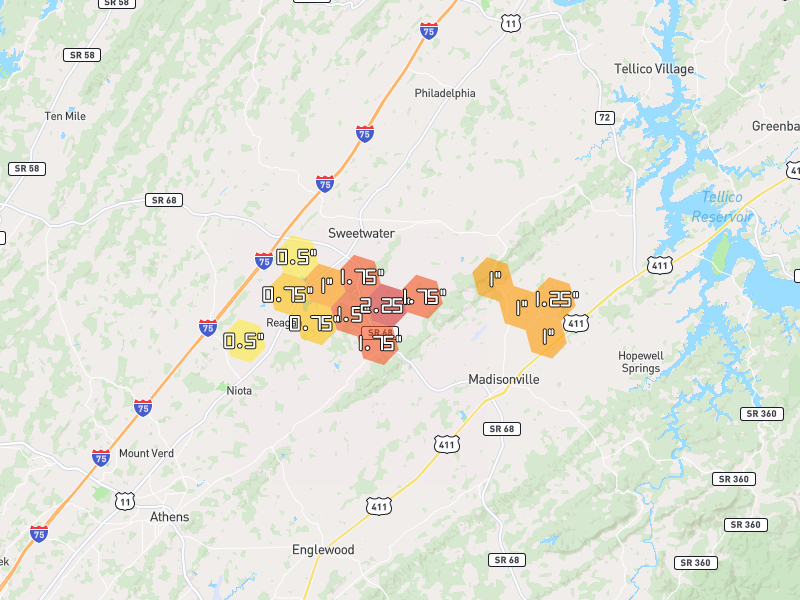 Hail map of Sweetwater, TN on Jul 3, 2026, hail up to 2.25"