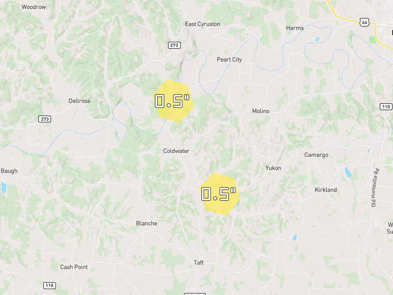 Hail map of Taft, TN on Jun 1, 2026, hail up to 0.5"