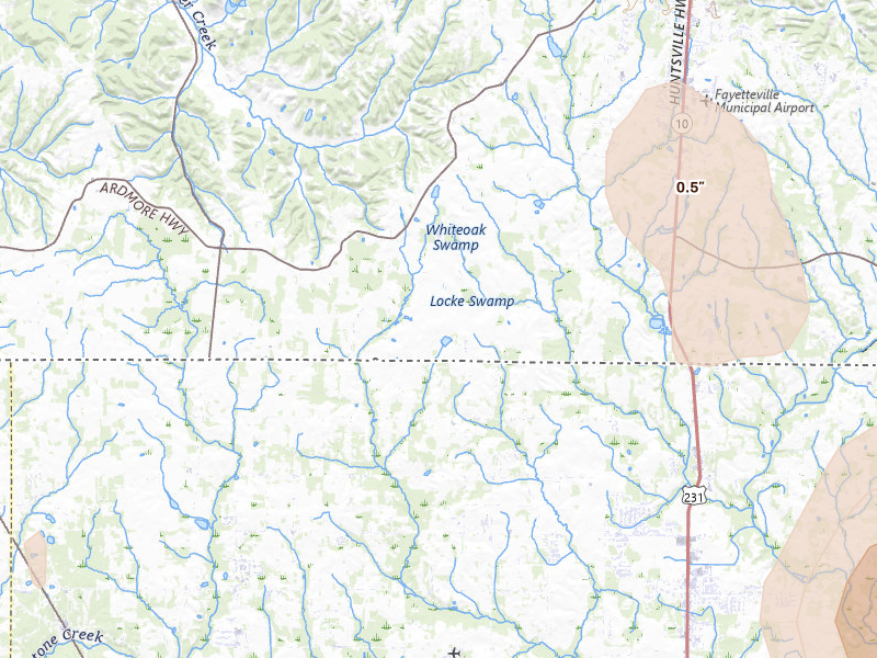 Radar-estimated hail-size map of the storm over Taft, TN on Jul 3, 2026