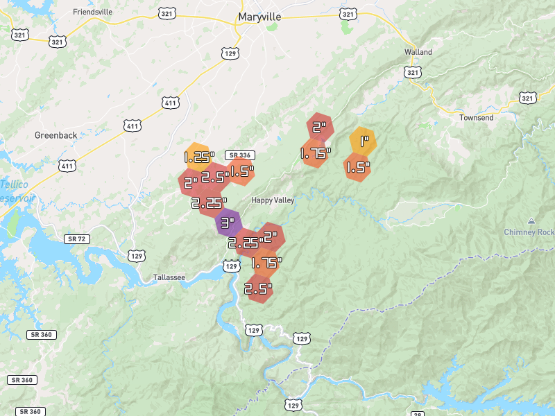 Hail map of Tallassee, TN on Jul 28, 2026, hail up to 3"