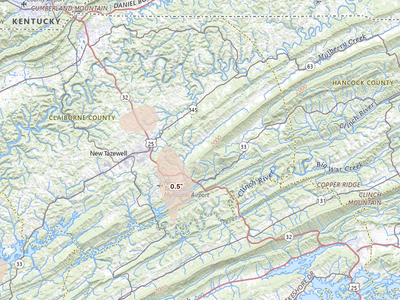Radar-estimated hail-size map of the storm over Tazewell, TN on Jul 3, 2026