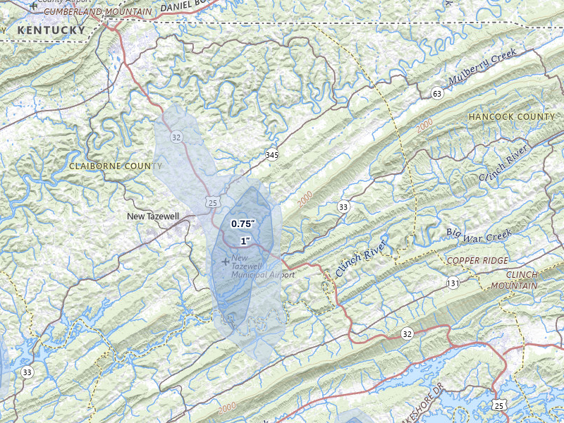 NEXRAD radar-signature map of the hail over Tazewell, TN